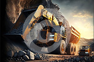 Mining excavator loading granite or ore into dump truck, coal industry