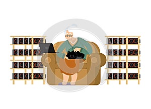 Mining farm and Grandmother. Cryptocurrency at home. Granny Extraction of virtual money. Vector illustration