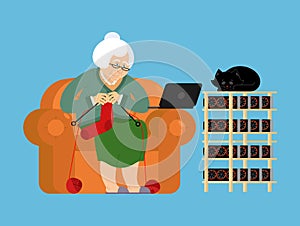 Mining farm and Grandmother. Cryptocurrency at home. Granny Extraction of virtual money. Vector illustration