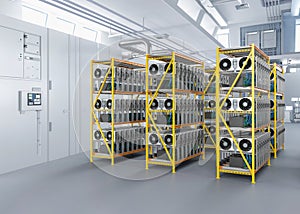 Mining farm with graphic card or gpu rack in warehouse