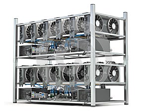 Mining farm from graphics cards GPU standing in a row isolated on white