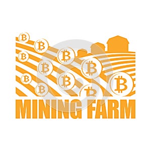 Mining Farm logo. Miners sign bitcoin. Arable land and farm lands Cryptocurrency is growing