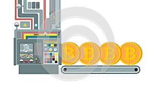 Mining farm. Miner for Bitcoin. Technology Extraction of cryptocurrency. industry is web money. Vector illustration.