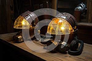 mining helmets with headlamps placed on a wooden table