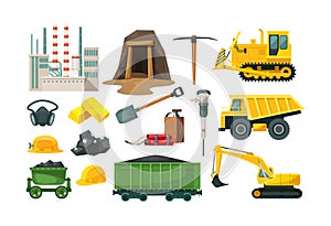 Mining industry equipment. Excavator, dump truck, bulldozer, wagons with coal, factory of plant complex, explosives, coal cart