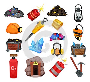 Mining industry equipment set. Old mine entrance, wooden trolley, shovel, helmet, dynamite sticks, gemstones. Geological