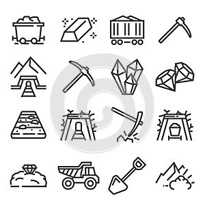 Mining industry. Outline icons. Extraction of minerals from the earth