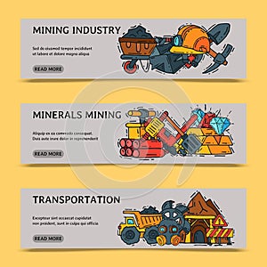 Mining industry set of banners vector illustration. Profession and occupation. Coal mining equipment, miner tools