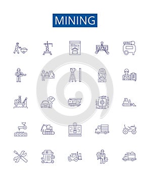Mining line icons signs set. Design collection of Extracting, Digging, Unearthing, Uncovering, Drilling, Essaying photo