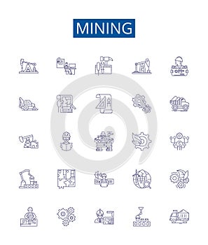 Mining line icons signs set. Design collection of Extracting, Digging, Unearthing, Uncovering, Drilling, Essaying photo