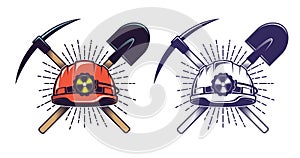 Mining logo with helmet pick and shovel in retro vintage style