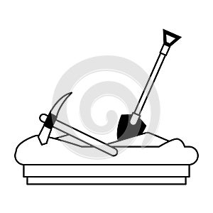 Mining pick and shovel tools work equipment in black and white