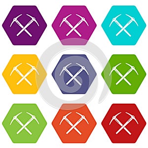Mining pickaxe icons set 9 vector