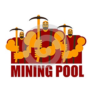 Mining pool logo. Extraction of Bitcoin Crypto Currencies. Worker with pickaxe. Vector illustration