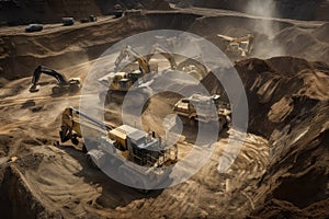 mining and processing operation, with excavators and other heavy equipment moving raw materials