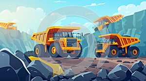 Mining quarry with miners, heavy machinery, and transport. Dump trucks carry coal or metal ore. Pit dawn landscape