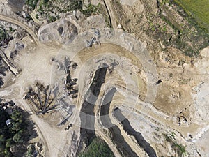 Mining quarry with special equipment, open pit excavation. Sand