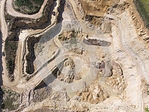 Mining quarry with special equipment, open pit excavation. Sand