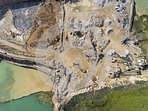 Mining quarry with special equipment, open pit excavation. Sand