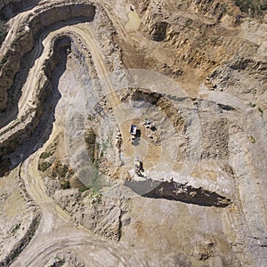 Mining quarry with special equipment, open pit excavation. Sand