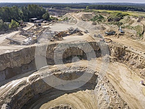 Mining quarry with special equipment, open pit excavation. Sand