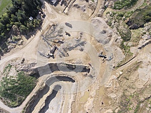 Mining quarry with special equipment, open pit excavation. Sand