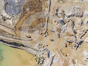 Mining quarry with special equipment, open pit excavation. Sand