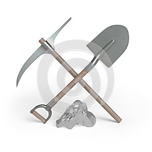 Mining. Shovel, pickaxe and silver nugget.