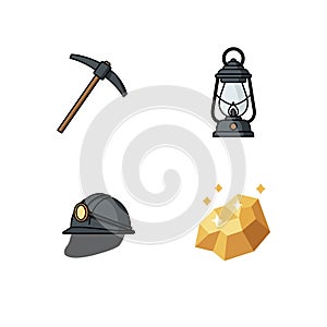 Mining tools pickaxe lantern helmet and gold nugget vector illustration set