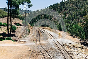 Mining train tracks in the mines of Rio Tinto in Huelva. Andalusia, Spain
