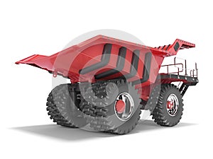 Mining truck red rear view 3D rendering on white background with shadow