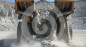 Mining trucks loading material outdoors