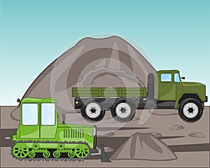 Mining useful fossilized in quarry car loaded and tractor