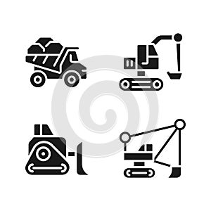 Mining vehicles black glyph icons set on white space