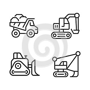 Mining vehicles pixel perfect linear icons set