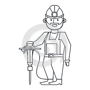 Mining worker with helmet and drill