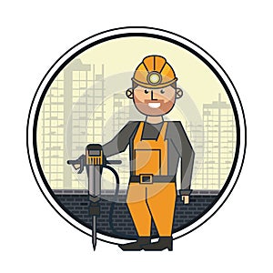 Mining worker with helmet and drill