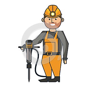 Mining worker with helmet and drill