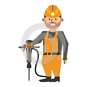 Mining worker with helmet and drill
