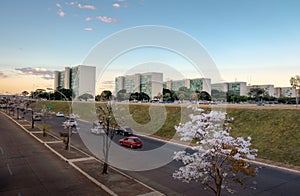 Ministry buildings at Esplanade of the Ministeries at sunset - government departments offices - Brasilia, Distrito Federal, Brazil