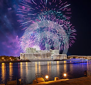 Ministry of Defence of the Russian Federation and celebratory colorful fireworks exploding in the skies. Moscow, Russia