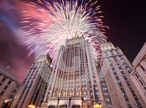 Ministry of Foreign Affairs of the Russian Federation and fireworks, Moscow, Russia