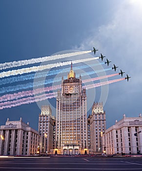 Ministry of Foreign Affairs of the Russian Federation and Russian military aircrafts fly in formation, Moscow