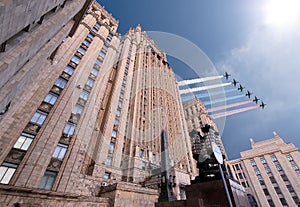 Ministry of Foreign Affairs of the Russian Federation and Russian military aircrafts fly in formation, Moscow