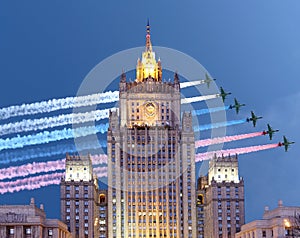 Ministry of Foreign Affairs of the Russian Federation and Russian military aircrafts fly in formation, Moscow, Russia
