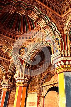 Ministry hall- dharbar hall- Ornamental ceiling and pillars in the thanjavur maratha palace