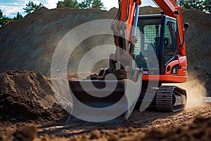 A minitractor rakes the earth with a bucket. Land works. Generative AI.