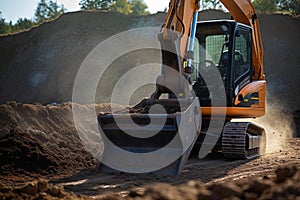 A minitractor rakes the earth with a bucket. Land works. Generative AI.