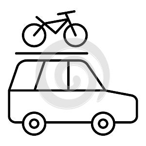 Minivan with a bicycle on a roof rack vector line icon isolated on white background. Car trip with a bicycle on a roof