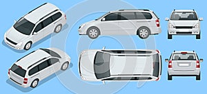 Minivan Car vector template on background. Compact crossover, SUV, 5-door minivan car. View isometric, front, rear, side photo